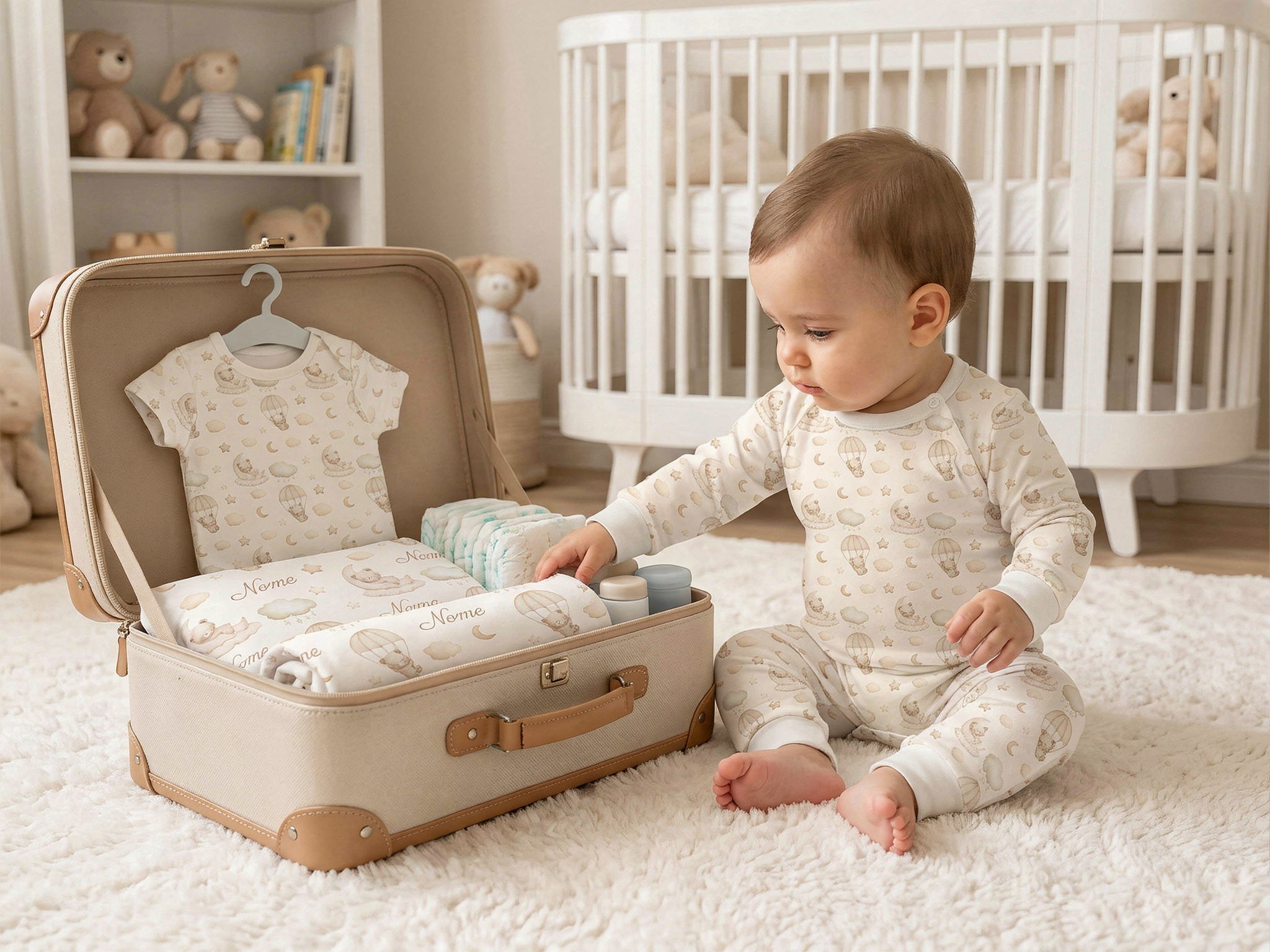 Uma mala de viagem aberta com roupinhas de bebê dobradas, uma manta personalizada com nome e acessórios de higiene organizados sobre uma cama clara.