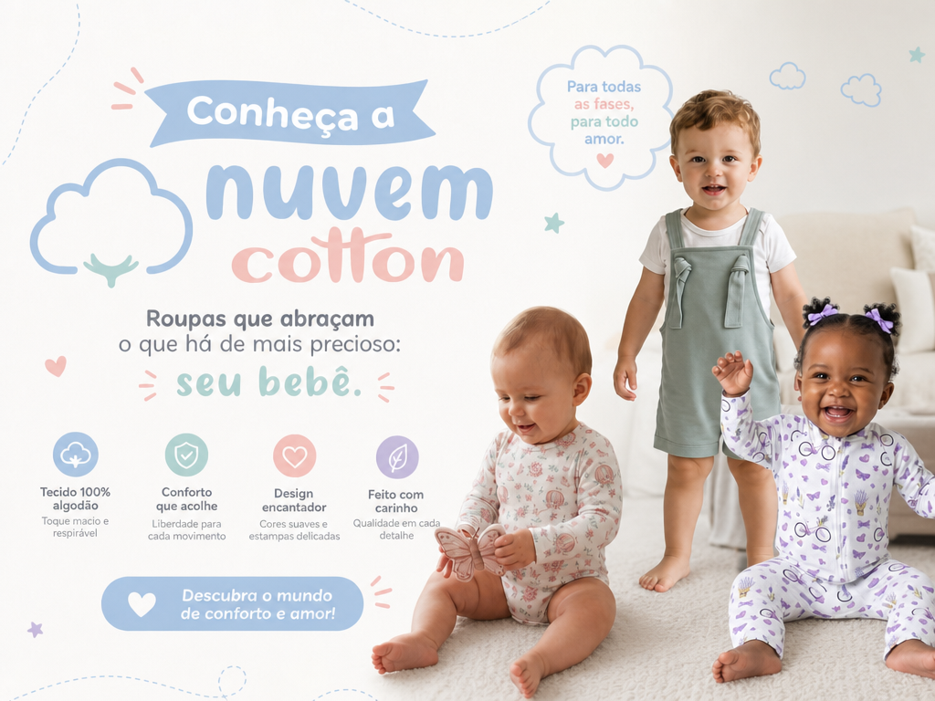 Close-up de um body de bebê em algodão egípcio branco com estampa delicada, dobrado sobre uma manta macia da linha Nuvem Cotton.