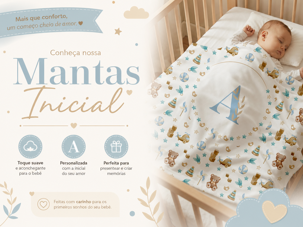 Manta de bebê em tecido Single Plush off-white com a inicial 'A' estampada em design delicado, dobrada sobre um berço.