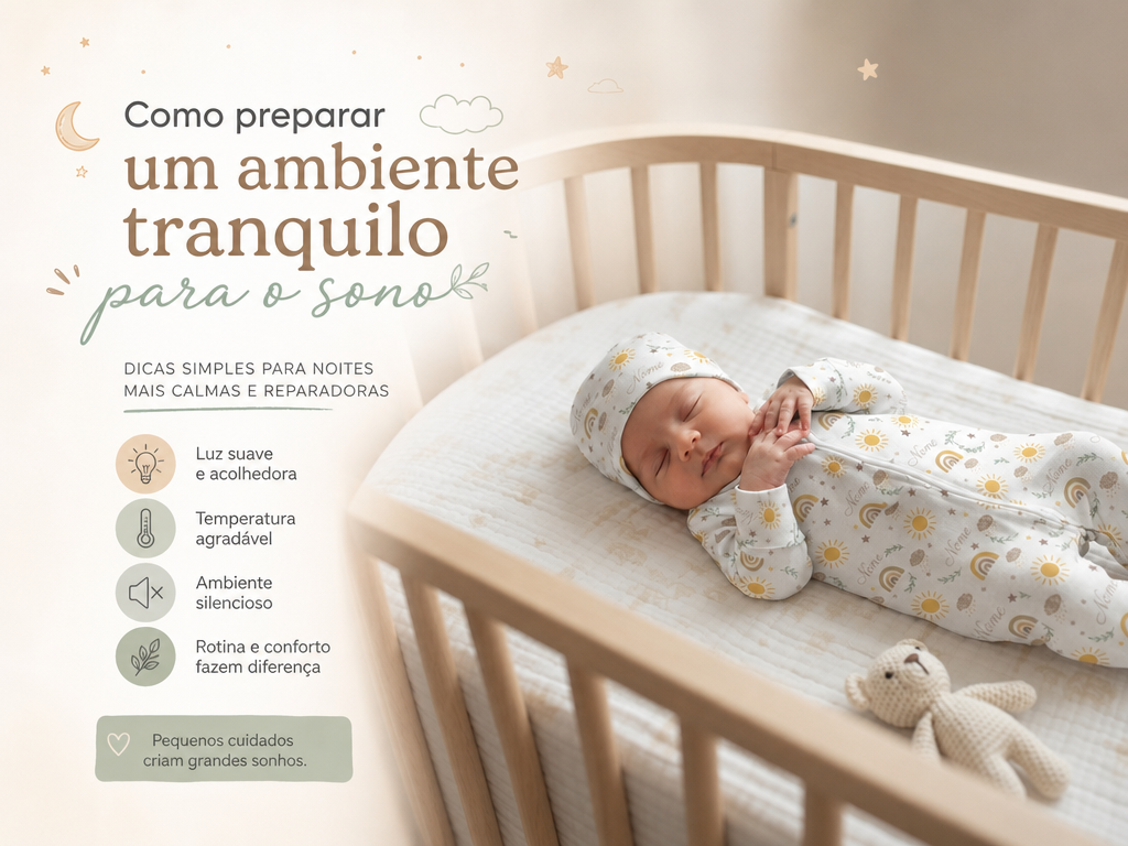 Um bebê recém-nascido dormindo tranquilamente em um berço com jogo de lençol de algodão macio e uma manta personalizada com seu nome ao lado.