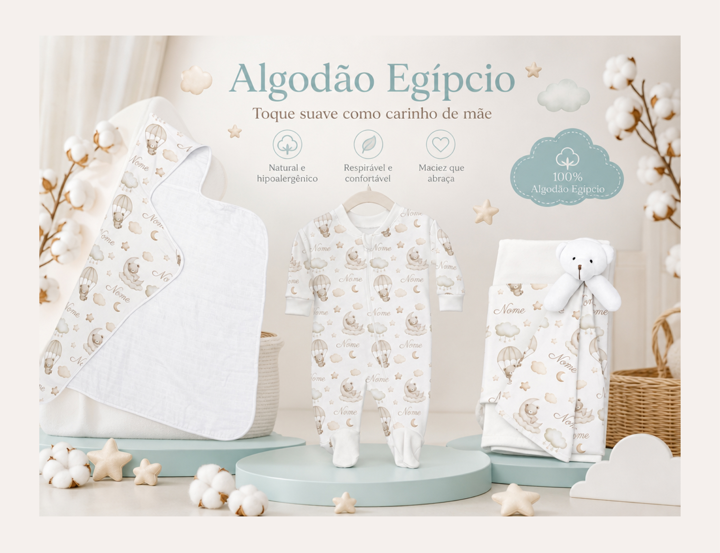 Um bebê sorridente usando um body de algodão egípcio leve, deitado sobre uma manta bebê personalizada com estampa suave de verão.